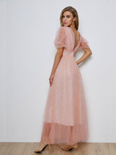 Puff Sleeve Deep V-Neck Bodice Mesh Prom Dress Sai Feel